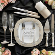 Load image into Gallery viewer, Silver wedding glasses for bride and groom, cake knife and server, wedding plate, unity candles