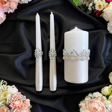 Load image into Gallery viewer, Silver wedding glasses for bride and groom, cake knife and server, wedding plate, unity candles