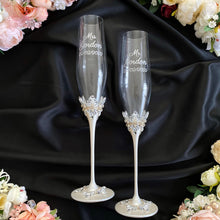 Load image into Gallery viewer, Silver wedding glasses for bride and groom, cake knife and server, wedding plate, unity candles