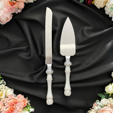 Load image into Gallery viewer, Silver wedding glasses for bride and groom, cake knife and server, wedding plate, unity candles
