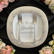 Load image into Gallery viewer, Silver wedding glasses for bride and groom, cake knife and server, wedding plate, unity candles