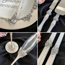 Load image into Gallery viewer, Silver wedding glasses for bride and groom, cake knife and server, wedding plate, unity candles