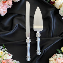 Load image into Gallery viewer, Gray wedding glasses for bride and groom cake serving set
