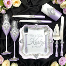 Load image into Gallery viewer, Purple wedding cake cutting set, wedding glasses for bride and groom