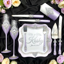 Load image into Gallery viewer, Purple wedding cake cutting set, wedding glasses for bride and groom, wedding plate &amp; forks
