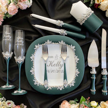 Load image into Gallery viewer, Emerald wedding glasses for bride and groom, cake knife and server, wedding plate