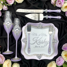 Load image into Gallery viewer, Purple wedding cake cutting set, wedding glasses for bride and groom, wedding plate & forks