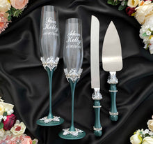 Load image into Gallery viewer, Emerald wedding glasses for bride and groom, cake knife and server, wedding plate, unity candles