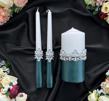 Load image into Gallery viewer, Emerald wedding glasses for bride and groom, cake knife and server, wedding plate, unity candles
