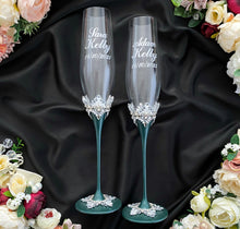 Load image into Gallery viewer, Emerald wedding glasses for bride and groom, cake knife and server, wedding plate, unity candles