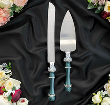Load image into Gallery viewer, Emerald wedding glasses for bride and groom, cake knife and server, wedding plate, unity candles