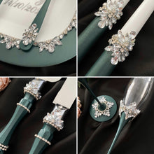 Load image into Gallery viewer, Emerald wedding glasses for bride and groom, cake knife and server, wedding plate