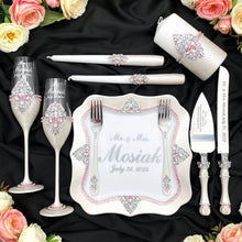 Load image into Gallery viewer, Silver pink wedding glasses for bride and groom, wedding cake server sets