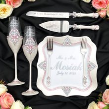 Load image into Gallery viewer, Silver pink wedding glasses for bride and groom, wedding cake server sets