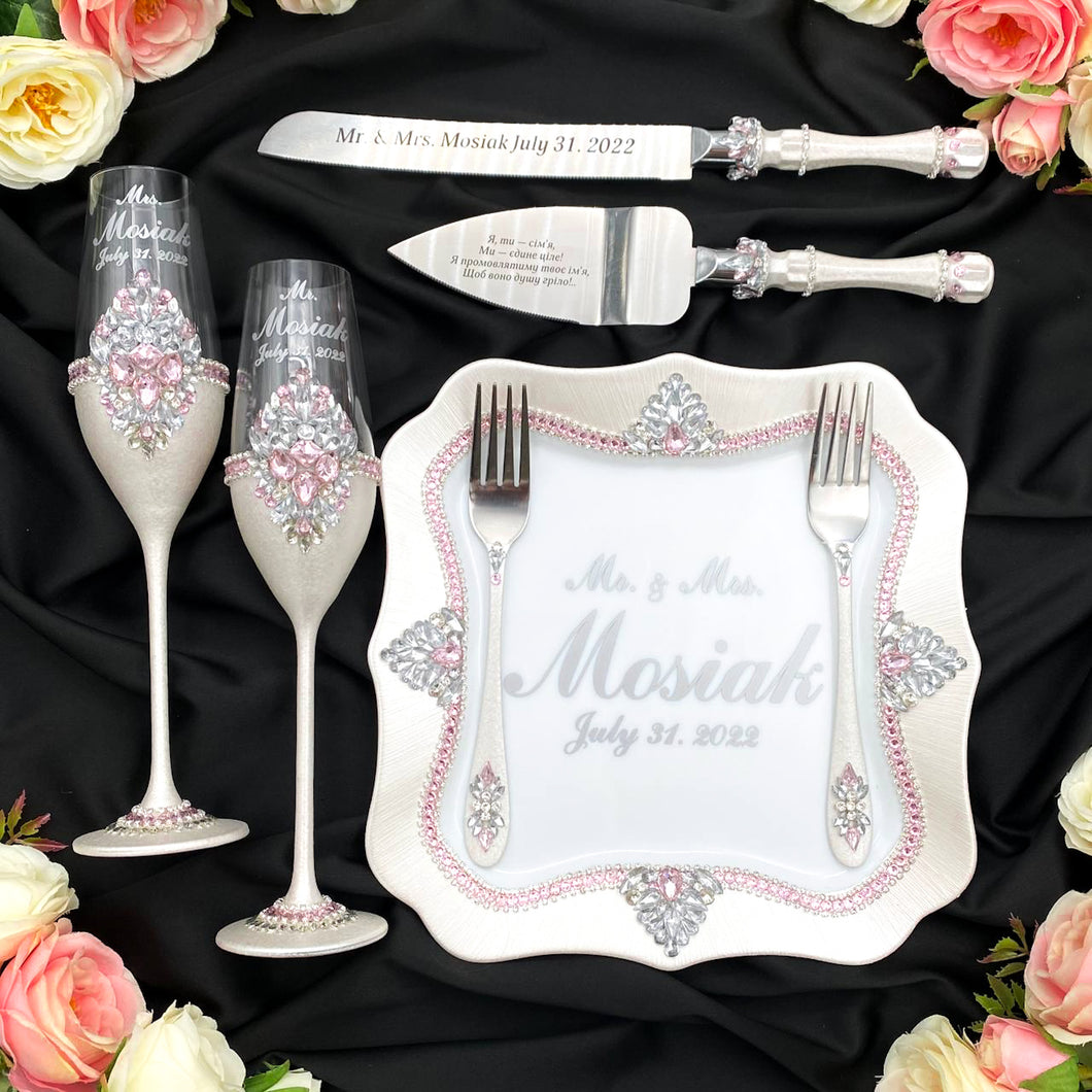 Silver pink wedding glasses for bride and groom, wedding cake server sets & cake plate