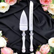 Load image into Gallery viewer, Silver pink wedding glasses for bride and groom, wedding cake server sets
