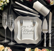 Load image into Gallery viewer, Gray wedding glasses for bride and groom, wedding cake cutting set, wedding plate and forks, unity candles