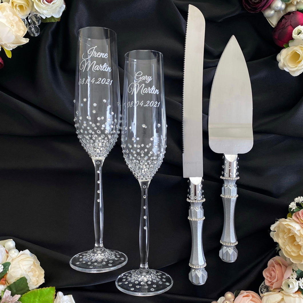 Gray wedding glasses for bride and groom, wedding cake cutting set