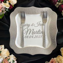 Load image into Gallery viewer, Gray wedding glasses for bride and groom, wedding cake cutting set, wedding plate and forks, unity candles