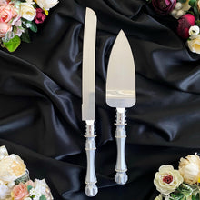 Load image into Gallery viewer, Gray wedding glasses for bride and groom, wedding cake cutting set, wedding plate and forks