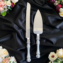 Load image into Gallery viewer, Gray wedding glasses for bride and groom, wedding cake cutting set, wedding plate and forks, unity candles
