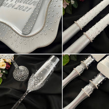 Load image into Gallery viewer, Gray wedding glasses for bride and groom, wedding cake cutting set, wedding plate and forks, unity candles