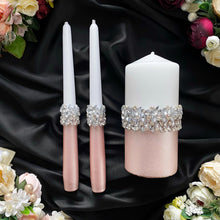 Load image into Gallery viewer, Powdery wedding glasses for bride and groom, cake knife and server, wedding plate, unity candles