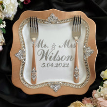 Load image into Gallery viewer, Beige wedding glasses for bride and groom, wedding cake server sets & cake plate with forks