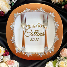 Load image into Gallery viewer, Bronze wedding glasses for bride and groom, cake knife and server, wedding plate and forks