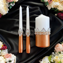 Load image into Gallery viewer, Bronze wedding glasses for bride and groom, cake knife and server, wedding plate and forks