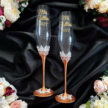 Load image into Gallery viewer, Bronze wedding glasses for bride and groom, cake knife and server, wedding plate, unity candles
