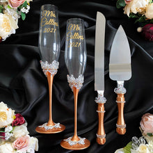 Load image into Gallery viewer, Bronze wedding glasses for bride and groom, cake knife and server, wedding plate and forks