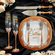 Load image into Gallery viewer, Bronze wedding glasses for bride and groom, cake knife and server, wedding plate and forks