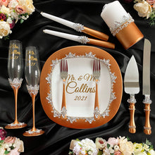 Load image into Gallery viewer, Bronze wedding glasses for bride and groom, cake knife and server, wedding plate, unity candles