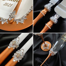 Load image into Gallery viewer, Bronze wedding glasses for bride and groom, cake knife and server, wedding plate, unity candles