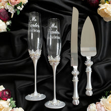 Load image into Gallery viewer, Gray wedding glasses for bride and groom, cake knife & server