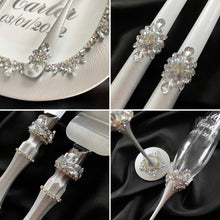 Load image into Gallery viewer, Gray wedding glasses for bride and groom, cake knife & server