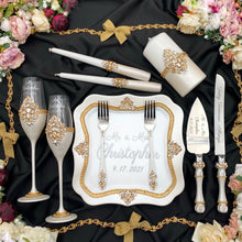 Load image into Gallery viewer, Ivory wedding glasses for bride and groom, cake knife and server, wedding plate, unity candles