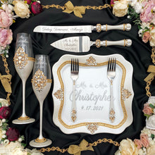 Load image into Gallery viewer, Ivory wedding glasses for bride and groom, cake knife and server, wedding plate, unity candles