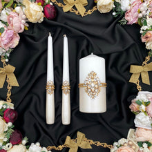 Load image into Gallery viewer, Ivory wedding glasses for bride and groom, cake knife and server, wedding plate, unity candles
