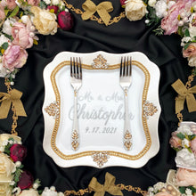 Load image into Gallery viewer, Ivory wedding glasses for bride and groom, cake knife and server, wedding plate, unity candles