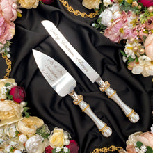 Load image into Gallery viewer, Ivory wedding glasses for bride and groom, cake knife and server, wedding plate, unity candles
