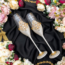 Load image into Gallery viewer, Ivory wedding glasses for bride and groom, cake knife and server, wedding plate, unity candles