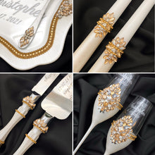 Load image into Gallery viewer, Ivory wedding glasses for bride and groom, cake knife and server, wedding plate, unity candles