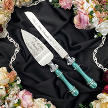 Load image into Gallery viewer, Green wedding glasses for bride and groom, wedding cake cutting set, wedding plate and forks, unity candles