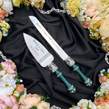 Load image into Gallery viewer, Green wedding glasses for bride and groom, wedding cake cutting set, wedding plate and forks