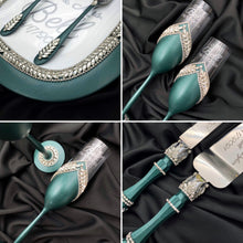 Load image into Gallery viewer, Green wedding glasses for bride and groom, wedding cake cutting set