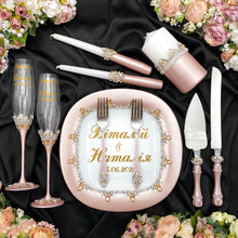 Load image into Gallery viewer, Powdery wedding glasses for bride and groom, cake knife and server, wedding plate and forks