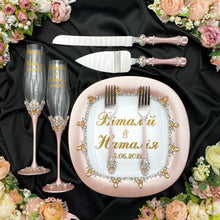 Load image into Gallery viewer, Powdery wedding glasses for bride and groom, cake knife and server, wedding plate and forks