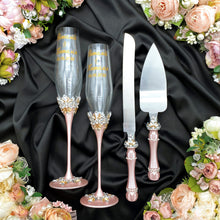 Load image into Gallery viewer, Powdery wedding glasses for bride and groom, cake knife and server, wedding plate and forks